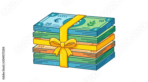 фотографія Stack of Euro Banknotes Tied with Yellow Ribbon and Bow