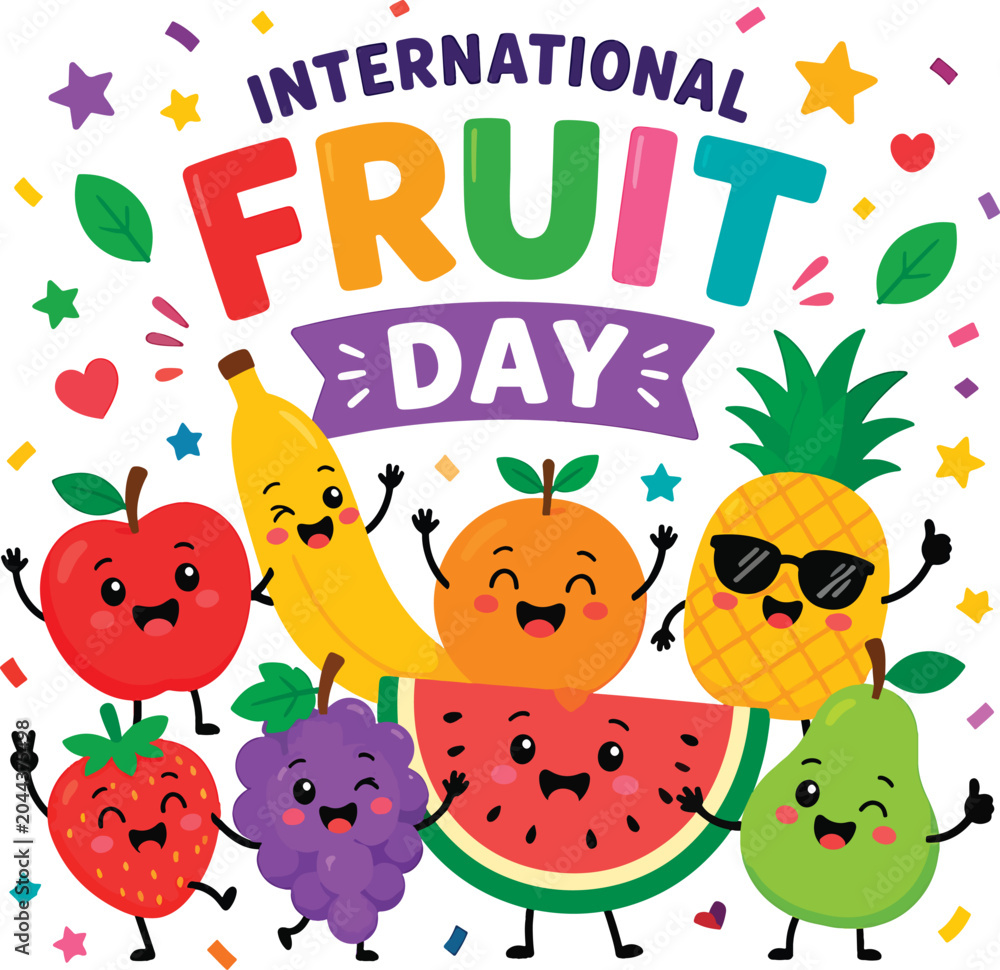 Fototapeta premium International Fruit Day flat vector illustration featuring adorable smiling fruits including apple, banana, orange, watermelon, pineapple, strawberry, grape, and pear characters