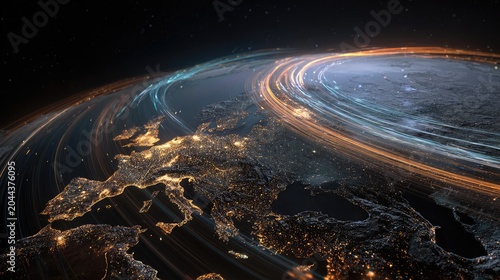 Globe with glowing energy streams over illuminated continents