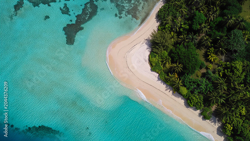 Canvas Print Aerial view of a pristine white sand beach on a tropical island with lush green