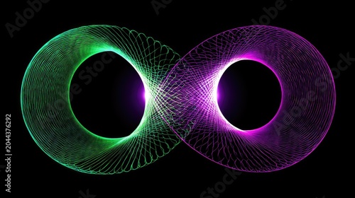Abstract infinity symbol formed by glowing, interwoven lines on black