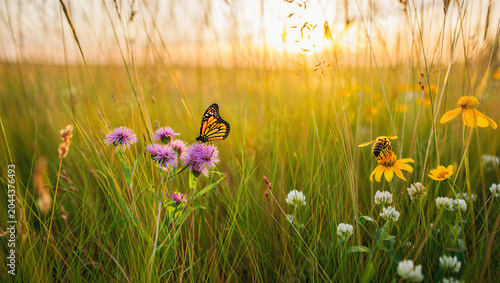 Fotografía Monarch butterfly resting on purple wildflowers in a sunlit meadow with a bee ne