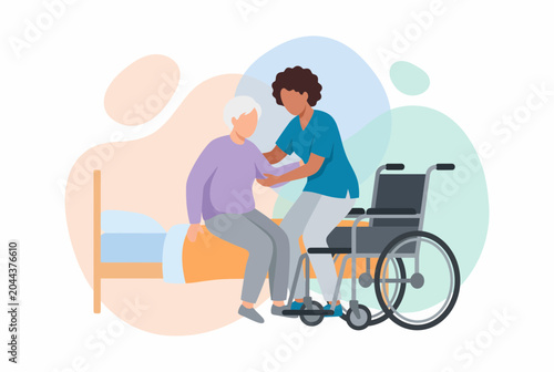 Professional Caregiver Assisting Elderly Woman into a Wheelchair