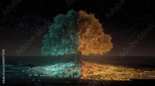 Bioluminescent tree splits into cool and warm halves under starry night