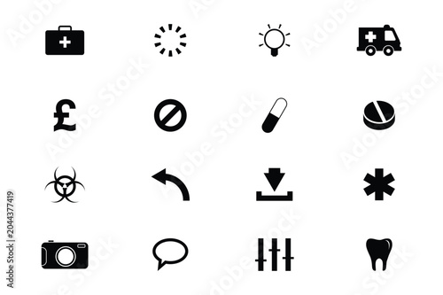 Fotografía Collection Of Black Flat Icons On White Background Medical Finance And Technolog
