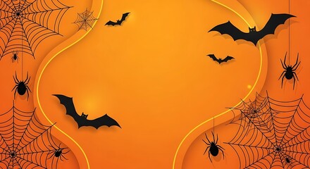 Halloween Background with Spooky Bats and Spiders on Orange.