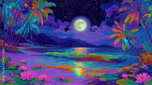 Vibrant tropical beach at night with moon, stars, and glowing water