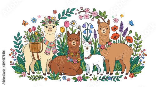 Tableau sur toile Happy Alpaca Family in Blooming Spring Garden Illustration