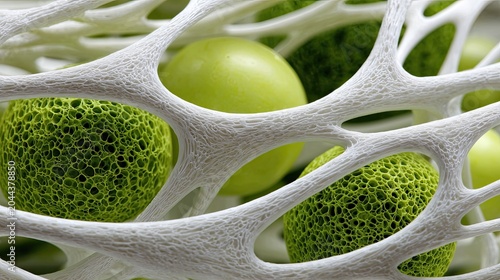 Organic white lattice encasing bright green spheres