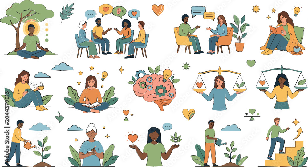 Fototapeta premium Mental Health and Emotional Wellness Collection with Mindfulness, Therapy, Self Care, Personal Growth, Positive Psychology, and Wellbeing Illustrations