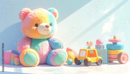 Multicolored patchwork teddy bear sitting near wooden toy car.
