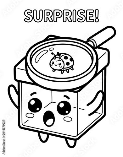 Cute bug-watching box mascot with a ladybug, nature exploration science cartoon outline illustration for kids coloring book.
