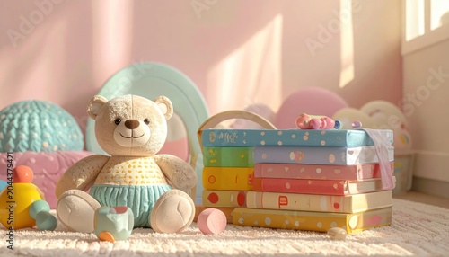 Soft plush teddy bear sitting beside stacked colorful books