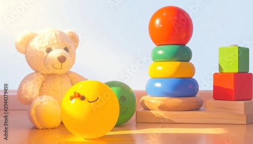 Stuffed teddy bear with colorful stacking rings and ball.