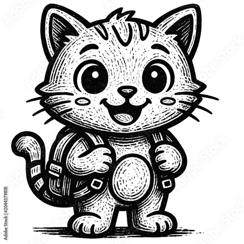 Cute Cat with Backpack Vintage Engraving Illustration