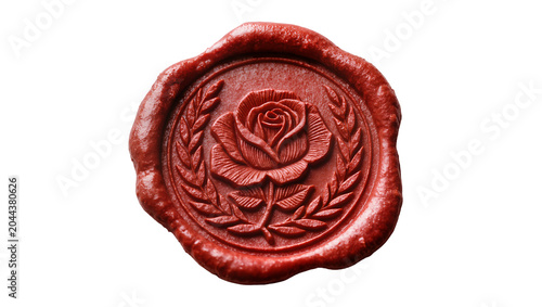 Red wax seal with embossed rose and laurel wreath design