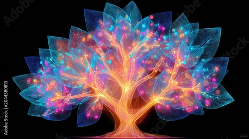 Glowing, translucent tree with colorful fruit against a black background