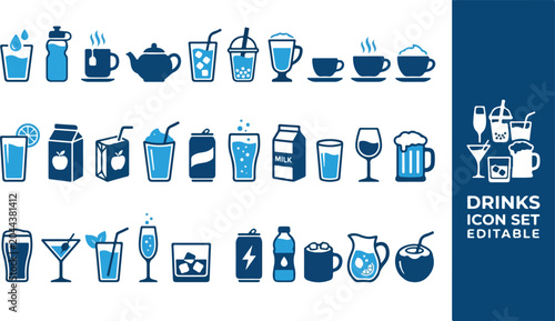 Bild auf Leinwand Set of drinks icons vector in dark blue and light blue for beverage representati