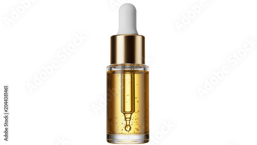 Tableau sur toile Glass dropper bottle with golden oil and bubbles