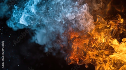 Blue and orange smoke plumes intertwine, evoking heat and cold