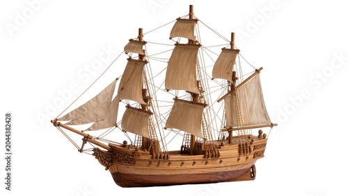 Fotografi Wooden sailing ship model with tan sails and rigging
