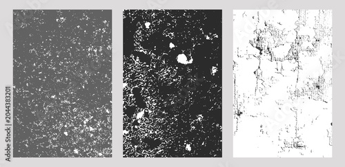Set of three grunge texture panels with cracked, corroded, and aged surfaces, abstract high-contrast black-and-white patterns for backgrounds, overlays, or digital art projects