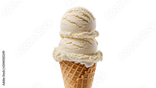 Two scoops vanilla ice cream in waffle cone