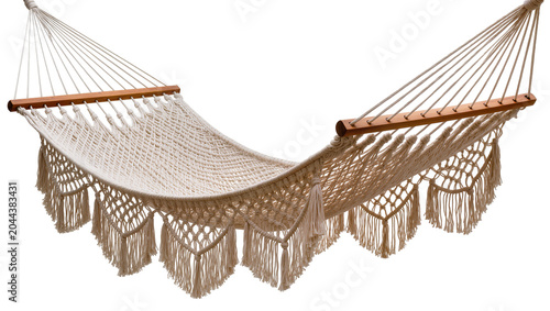 Quadro su tela Woven macrame hammock with wooden spreader bars and fringe