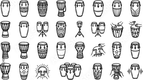 Foto Black and White Line Art Illustration of Various Conga Drums and Percussion Inst