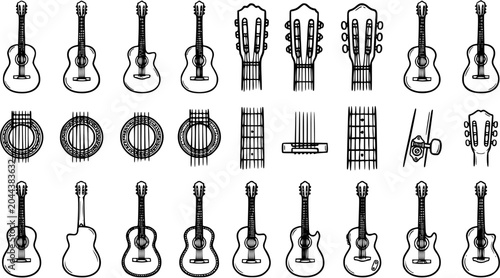 Cuadro en lienzo Black and White Line Art Illustrations of Acoustic Guitars, Sound Holes, and Fre