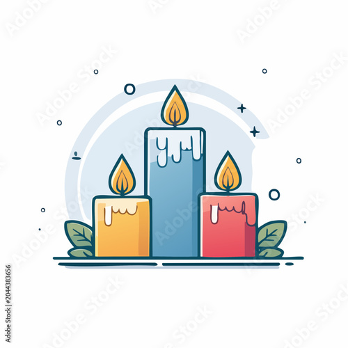 Three lit candles with dripping wax and leaves