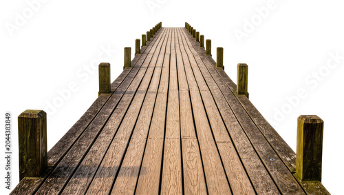 Photos Weathered wooden pier walkway with posts extending into distance