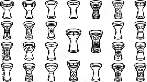 Canvas Print Black and White Line Art Icons of Traditional Hand Drums like Doumbeks and Darbu