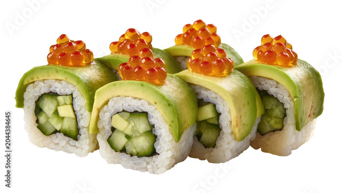 Photos Avocado sushi rolls topped with salmon roe and cucumber filling