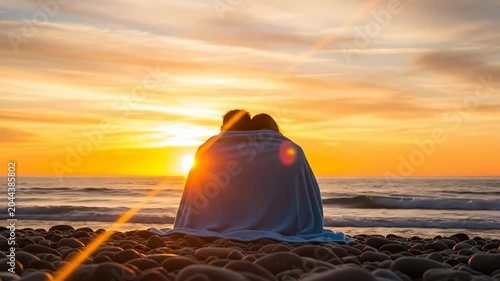 A romantic couple wrapped in a blanket watching the sunset at the beach