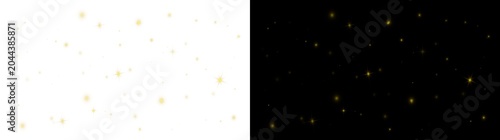 Dust particles, soft flashes of light and small yellow stars scattered on split background. Elegant glowing abstract night effect with warm luminous tones.