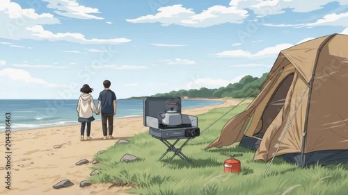 A couple standing on a beach near a tent and camping stove in anime style