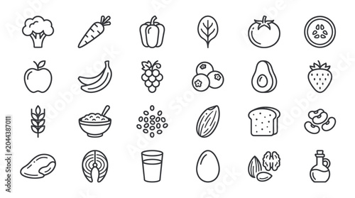 Slika na platnu Healthy Food Icons: Fruits, Vegetables, Grains, Protein & Dairy - Line Art