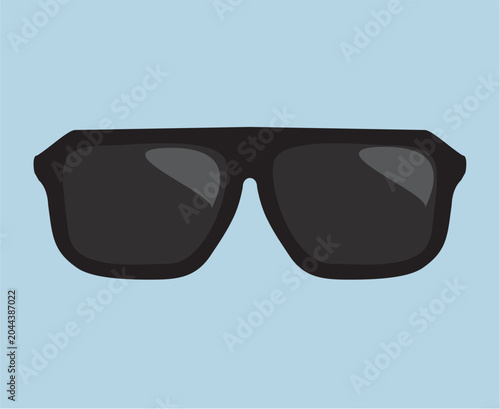Minimalist Vector Illustration of Stylish Black Oversized Sunglasses on a Light Blue Background - Flat Design Eyewear Icon for Summer Fashion and Travel Concepts
