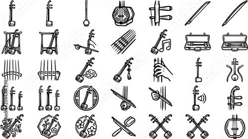 Bild auf Leinwand Traditional Chinese Musical Instruments Icon Set - Erhu, Pipa, Guzheng - Black a