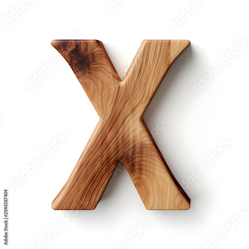 Wooden letter x 3d illustration with shadow isolated on white background.