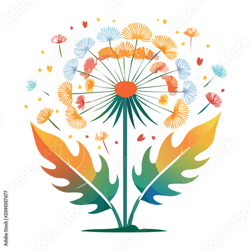 Stylized dandelion with seeds blowing in the wind