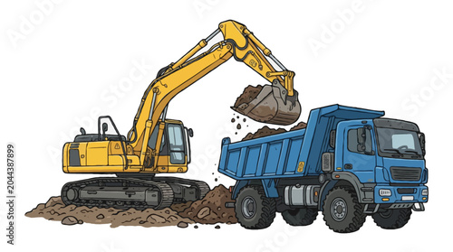 Heavy Excavator Loading Soil Into Dump Truck Illustration