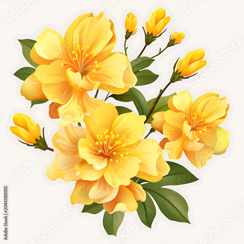 Beautiful yellow flowers with buds and green leaves on light background, spring floral arrangement.