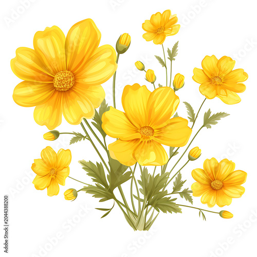 Vibrant yellow cosmos flowers with green stems and buds isolated on a clean white background.