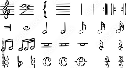 Bilde på lerret Music Notation Symbols Vector Line Art Set
