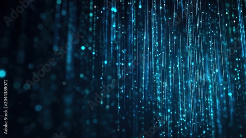 Abstract digital technology concepts, luminous blue binary code flowing in a dark space, matrix-style data rain, holographic interface elements, futuristic cybersecurity visualization.