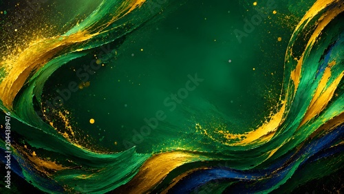 Abstract background with flowing green and gold paint strokes and glitter particles