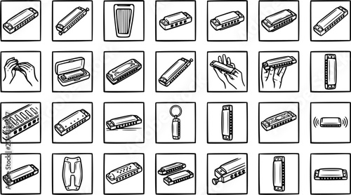 Photos Harmonica Black and White Line Art Icons Set - Outline Vector Collection of Mout