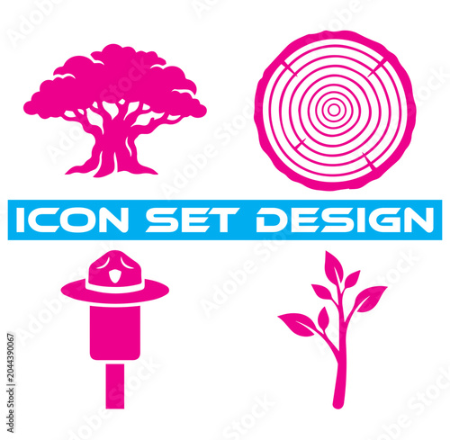 Valokuva Four pink featuring a large tree, a cross-section of a tree trunk with rings, a